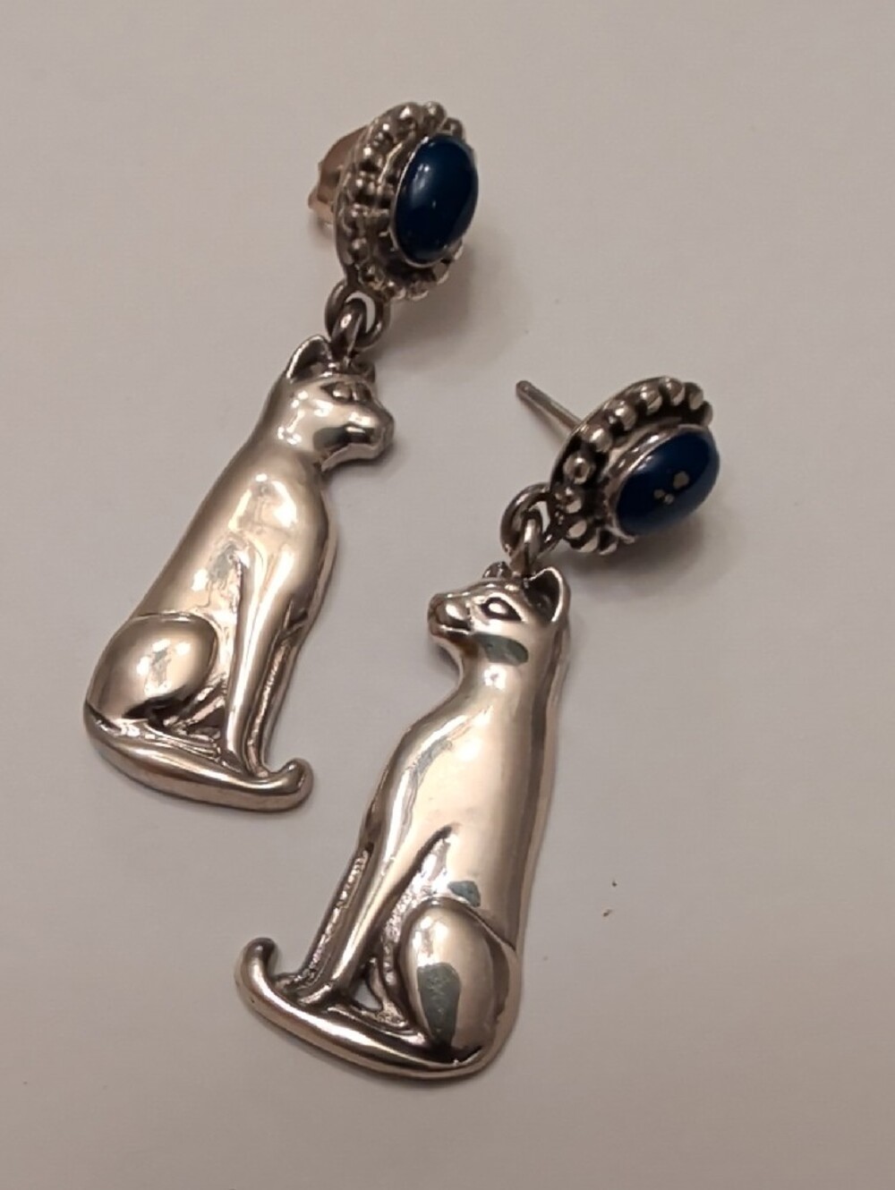 Sterling Silver Cat Dangle Earrings with Blue Stone - Picture 7 of 8